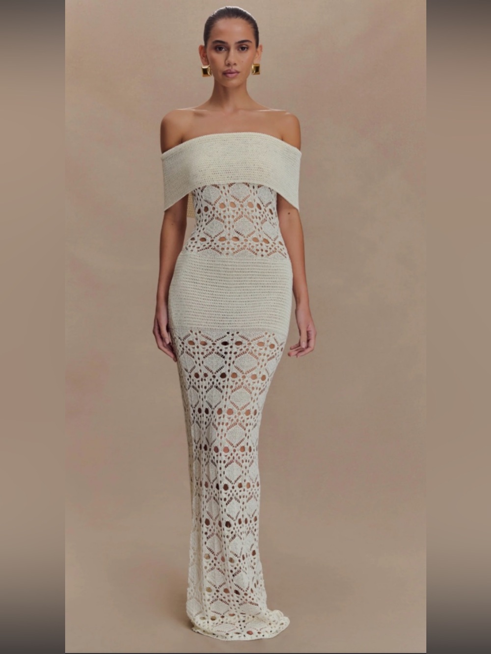 MESHKI Solstice Ivory Off Shoulder Crochet Knit Maxi Dress sz M